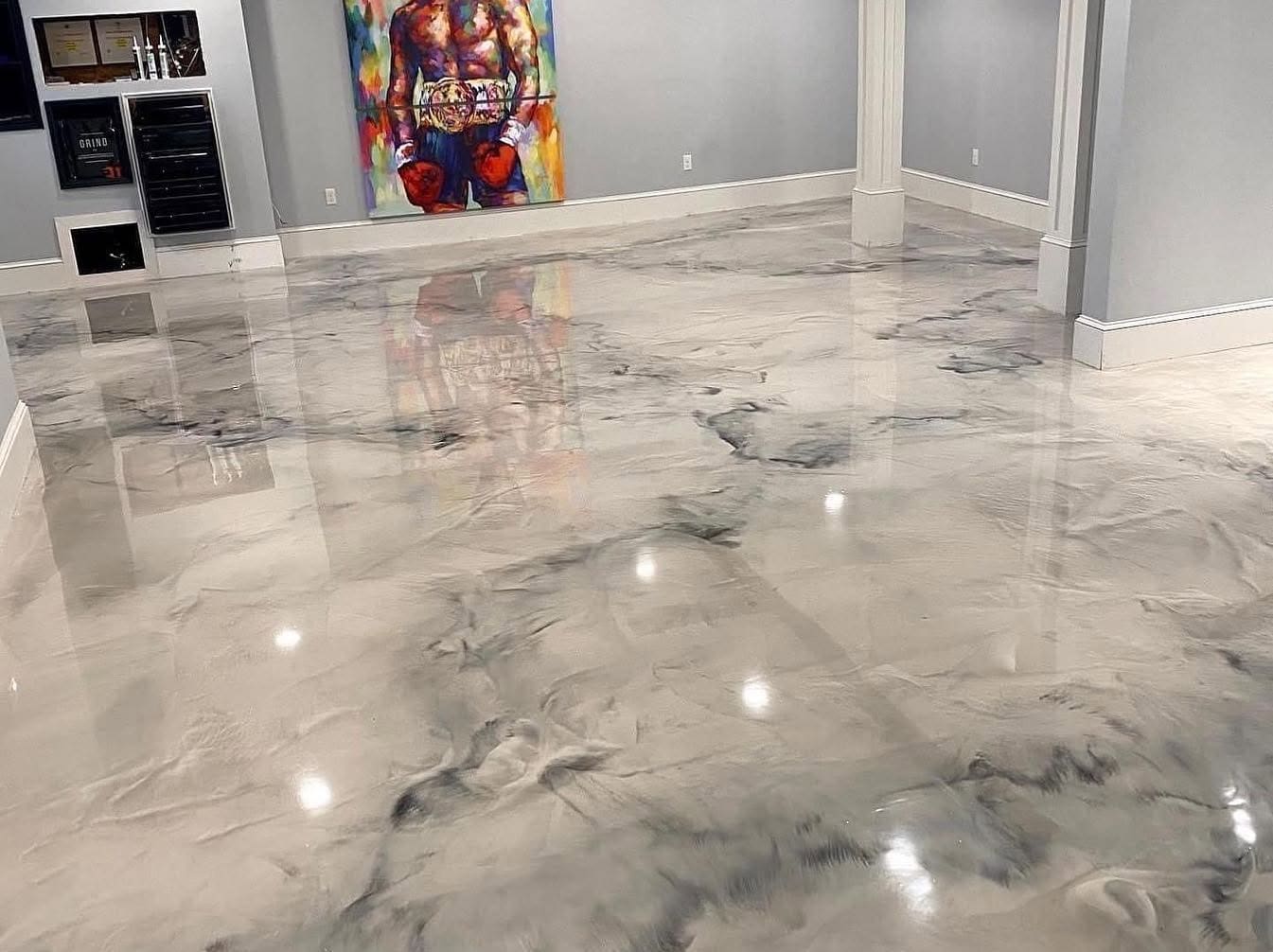 Pale pearl metallic epoxy floor reflecting the room above it
