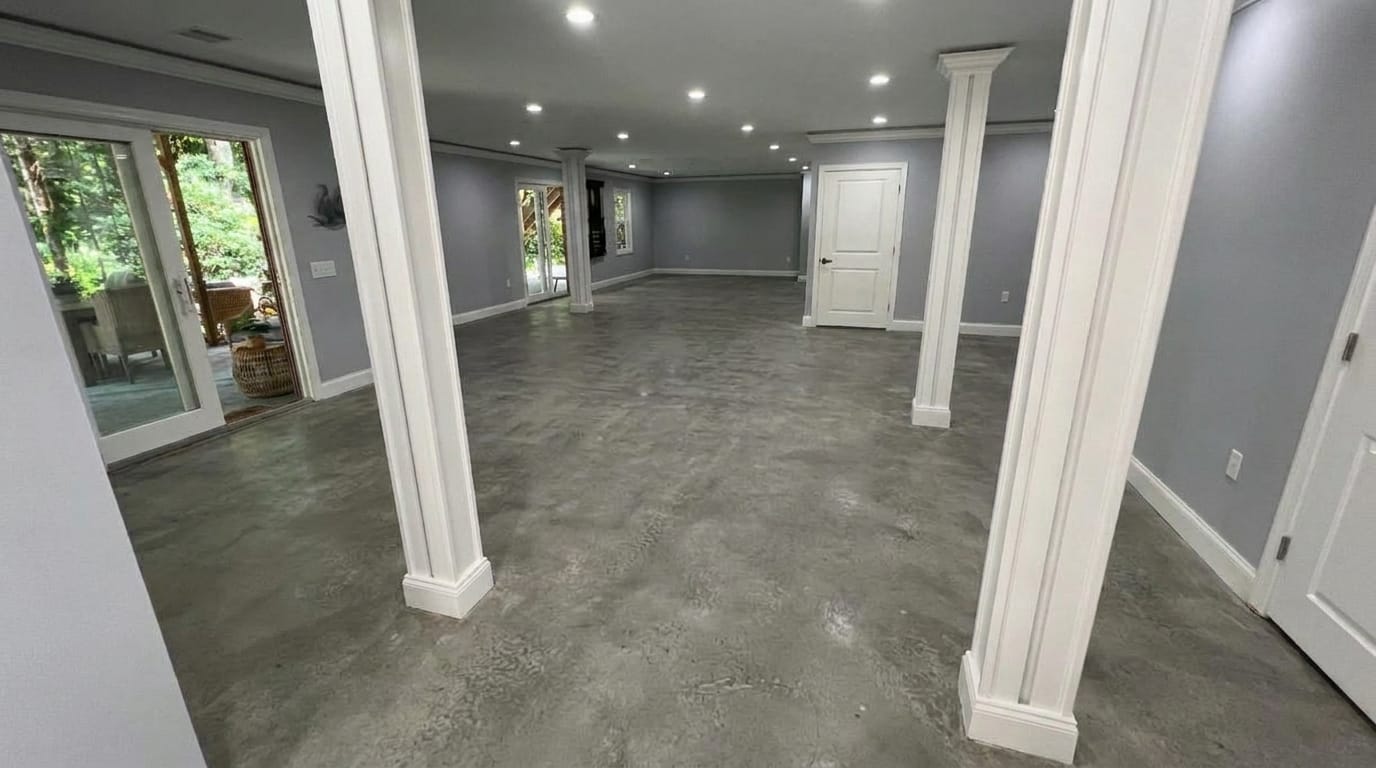 Residential basement before treatment: dull, marked grey concrete